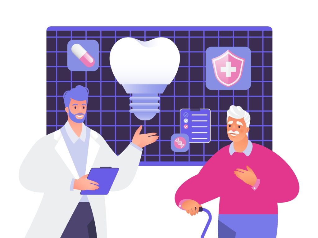 365디지털치과-둔산동네비게이션임플란트-
치과에서는 남성 고령 환자의 x선으로부터 치아와 임플란트를 진단 일러스트레이션
